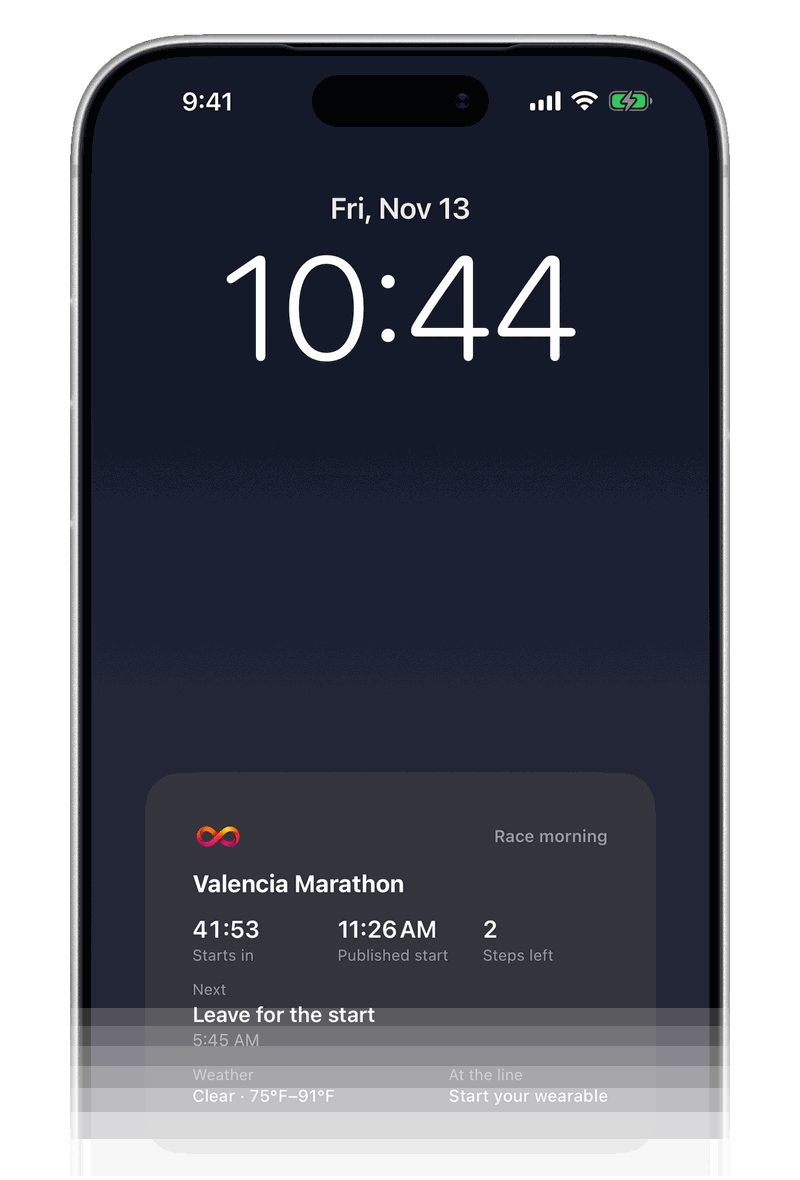 Lock Screen on race morning showing a MarathonOS Live Activity with time to the start, published start time and weather