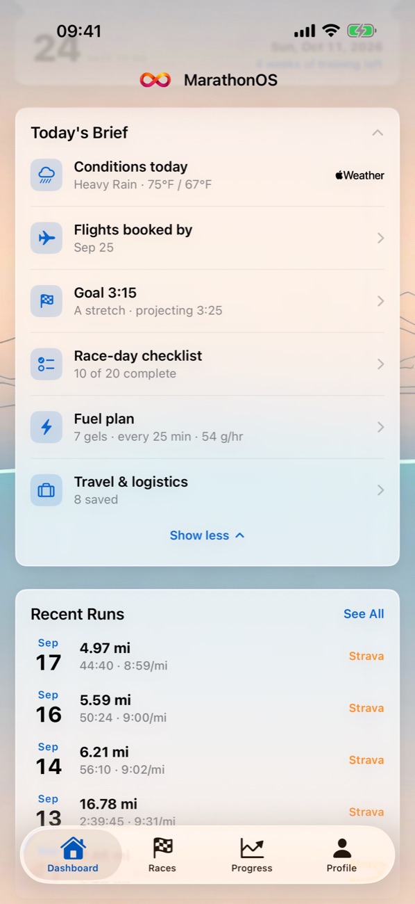 Today's Brief in MarathonOS: conditions, flights booked by, goal, race-day checklist, fuel plan and travel logistics