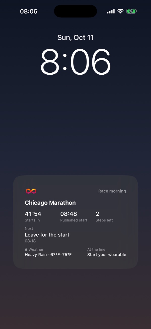 Lock Screen on race morning showing a MarathonOS Live Activity with time to the start, published start time and weather