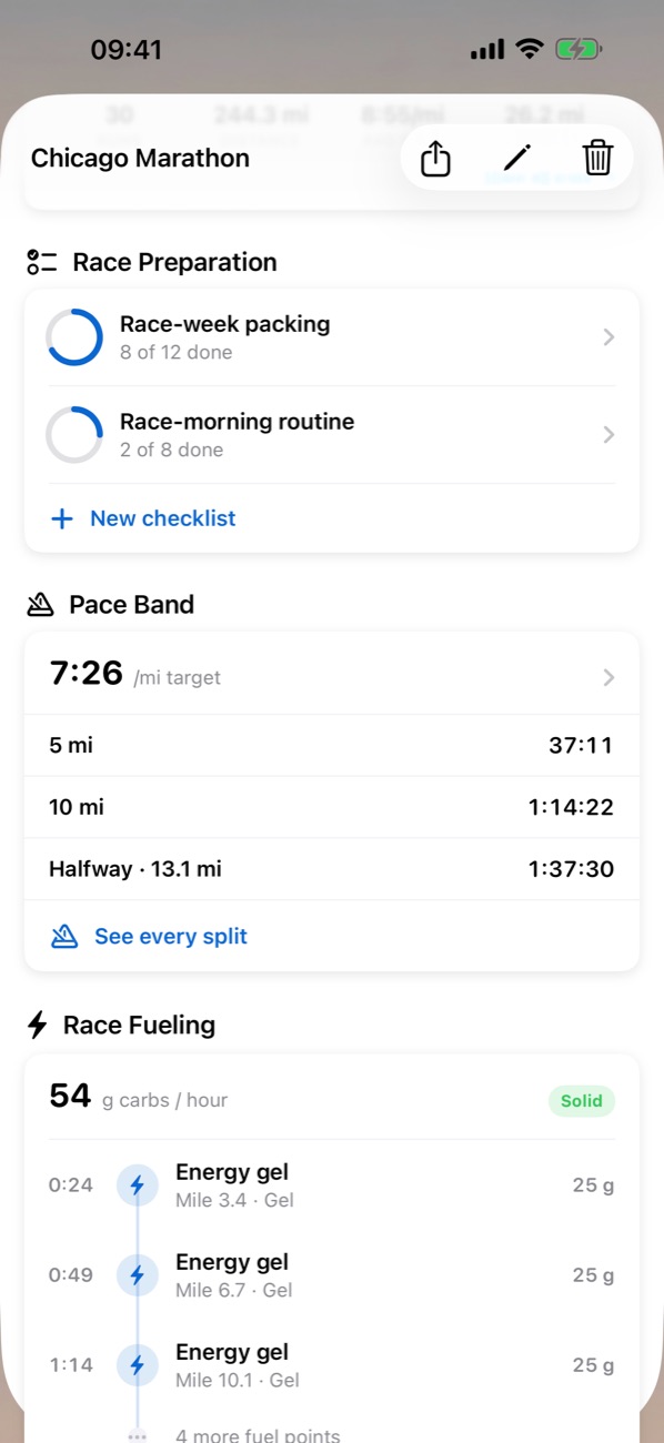 Race preparation screen with race-week checklists, a mile-by-mile pace band and a race fueling timeline